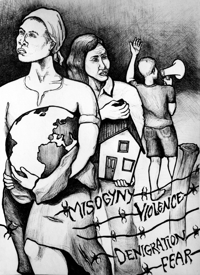 Political cartoon-style illustration showing two women and a non-binary person marching through a barbed wire fence. The first is a black woman with a headscarf carrying the globe in her arms. The second is a white woman with long brown hair holding a two-story home. The third person is facing back, calling with a microphone for others to join them. The barbed wire fence is labeled with the words "Misogyny, Violence, Denigration, and Fear."