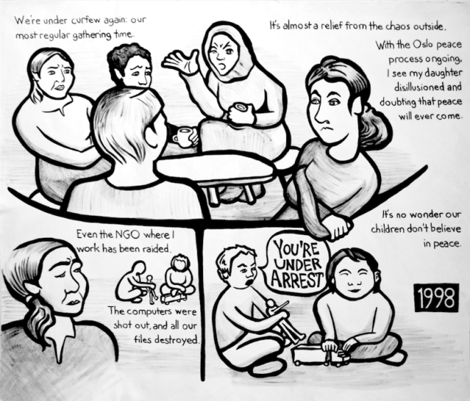 Najawa Comic, 1998. Najawa meets with a group of women in their home, as her young daughter looks on. She watches over two young kids playing with dolls and acting out the military occupation in their game. One yells out “You’re under arrest!” Reads: “We’re under curfew again: our most regular gathering time. It’s almost a relief from the chaos outside. With the Oslo peace process ongoing, I see my daughter disillusioned and doubting that peace will ever come. Even the NGO where I work has been raided. The computers were shot out, and all our files destroyed. It’s no wonder our children don’t believe in peace.