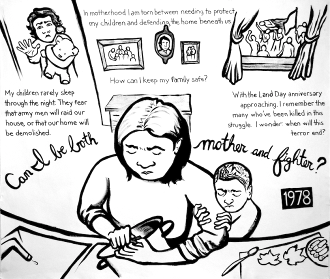 Najawa Comic, 1978. Najawa is cleaning a pot at the kitchen sink and preparing stuffed grape leaves. One child clings to her arm while the other rushes into the room. A funeral procession is shown out the window. Reads: “In motherhood I am torn between needing to protect my children and defending the home beneath us. My children rarely sleep through the night. They fear that army men will raid our house, or that our home will be demolished. How can I keep my family safe? With the Land Day anniversary approaching, I remember the many who’ve been killed in this struggle. I wonder: when will this terror end? Can I be both mother and fighter?”