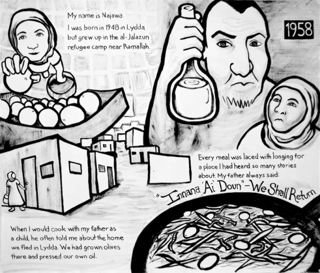 Najawa Comic, 1958. A young girl picks out oranges at a market, and returns home where her day is cooking a stew. He holds up a jar of olive oil. Reads: “My name is Najawa. I was born in 1948 in Lydda, but grew up in the al-Jalazun refugee camp near Ramallah. When I would cook with my father as a child, he often told me about the home we fled in Lydda. We had grown olives there and pressed our own oil. Every meal was laced with longing for a place I had heard so many stories about. My father always said: Innana ‘Ai’ Doun – We Shall Return.”