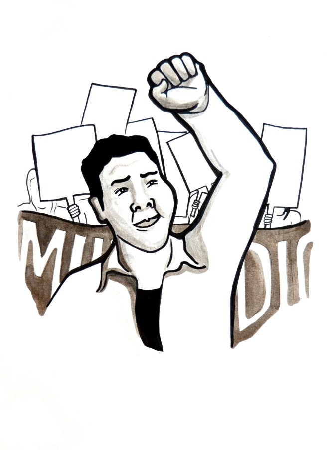 Cartoon cover illustration, showing a migrant activist smiling with fist raised. He is marching in front of a group of Milk with Dignity activists carrying a banner and signs.