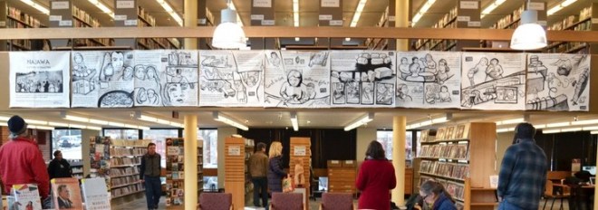 Panorama photo of the Najawa comic installation at the Fletcher Free Library in Burlington, VT.