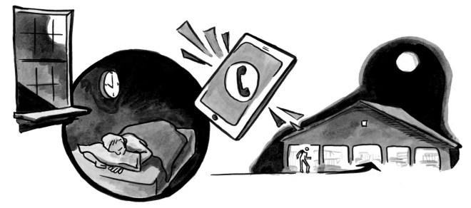 Illustration of a farmworker sleeping beside their window on a moon-lit night. Their cell phone alarm goes off, and they head into work in the middle of the night.