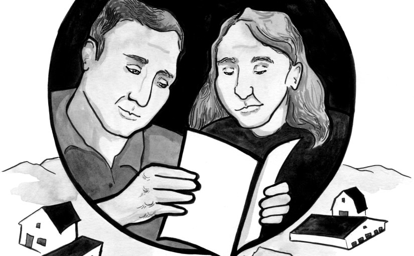 Illustration of two farmworkers reading a booklet together. Beneath them is a farmstead, with barn, housing, and cows walking across a tall field.