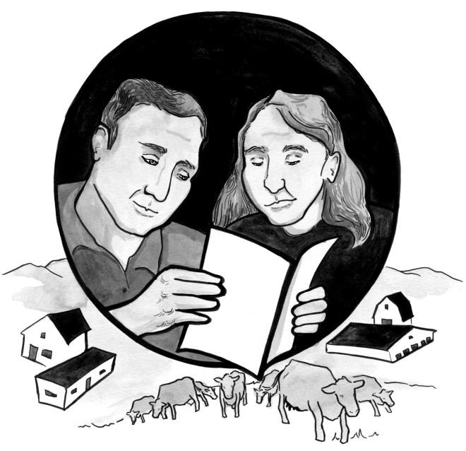 Illustration of two farmworkers reading a booklet together. Beneath them is a farmstead, with barn, housing, and cows walking across a tall field.