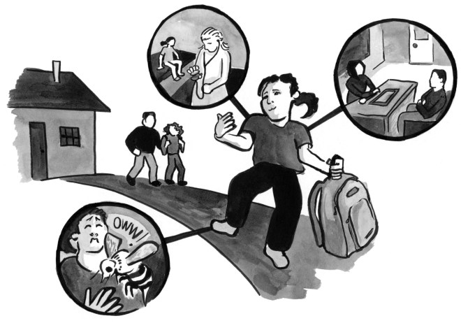 Illustration of a child holding her backpack and walking in front of her home. Scenes around her show reasons for taking time off school, including: a bee sting, and doctor's office visit.