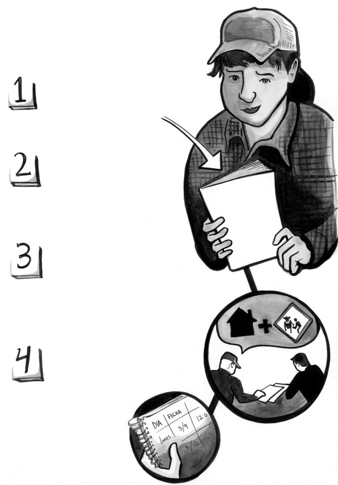 Illustration of a farmworker holding a booklet, which contains housing and employment safety info and guidance on how to protect themself as a worker.
