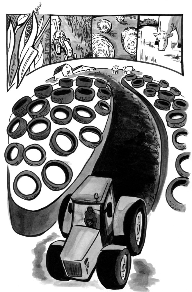 Illustration of a tractor driving between two large feed piles covered in tires. At the top is a comic showing the grow cycle of the cow feed on the farm.