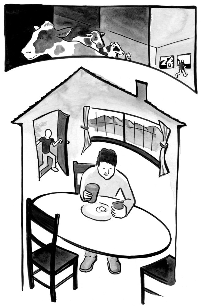 Illustration of a farmworker seated at his kitchen table, with a roommate entering the home behind him. Mountains are in view through the kitchen windows. Above this scene, there is a view to the milking barn, and the sky turns from night to day as the farmworker completes his shift.