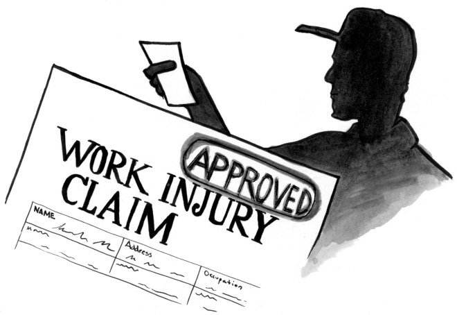 Illustration showing the silhouette of a farmworker behind a form that reads "Work Injury Claim - Approved."