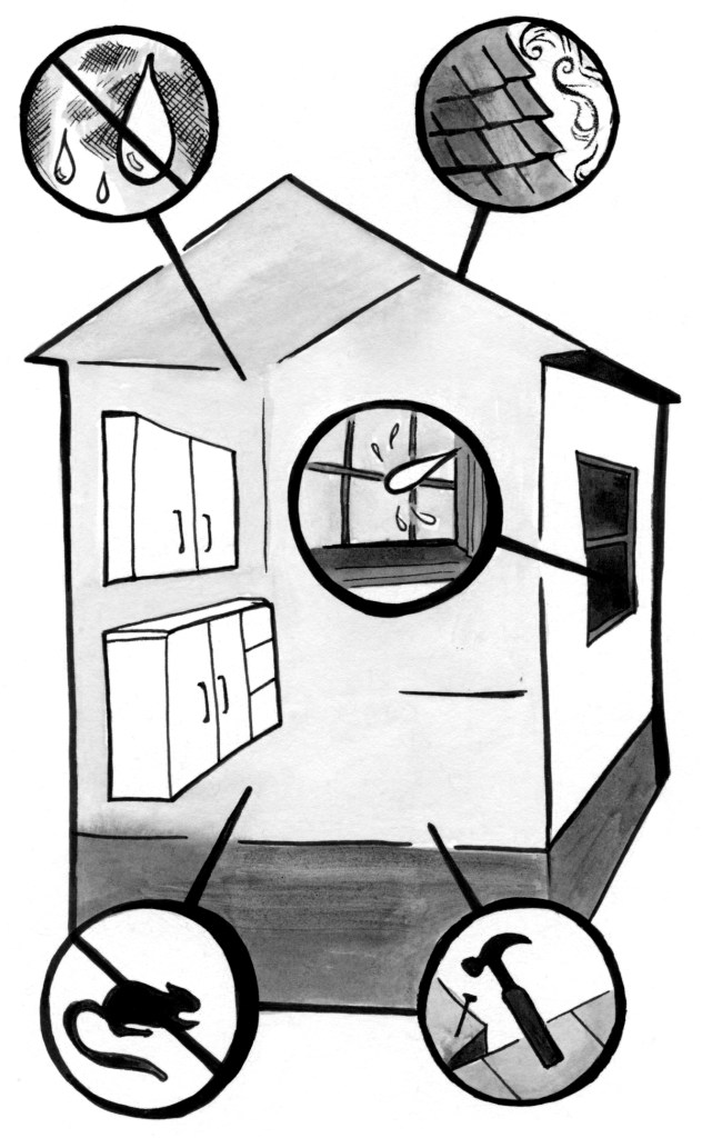 Illustration showing a cutaway of a farmworker's house, demonstrating the elements of quality housing, where the space is free of water leaks and rodent infestation, and the structure is sound.