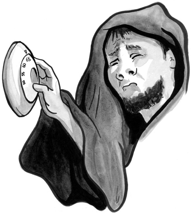 Illustration of a farmworker bundled under a blanket in his home. He is adjusting the thermostat and looks distraught.