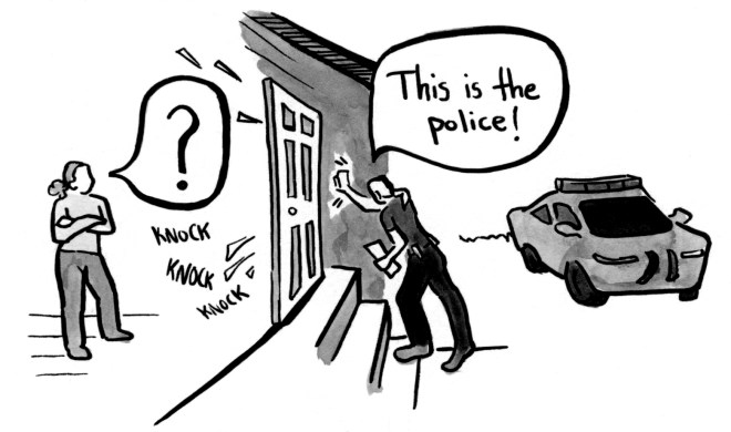 Illustration of a person inside their home, as a police office knocks on their door.