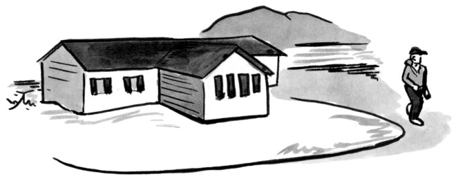 Illustration of a farmworker walking down the driveway away from their house. Mountains are visible in the distance.