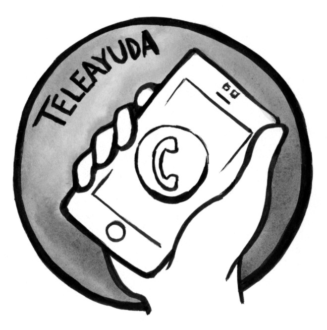 Illustration of a hand holding a cell phone in the air beneath the text "Teleayuda" (Helpline in Spanish).