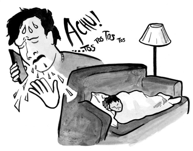 Illustration of a sick person making a phone call while they cough into their hand. The second image shows them sleeping on the couch under a blanket.