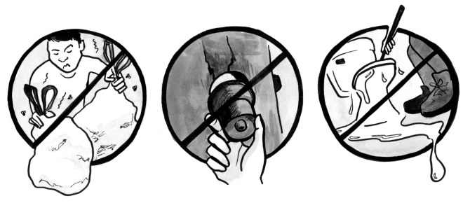 Illustration of three housing safety issues: a broken door knob, overflowing toilet, and trash pile up are shown.