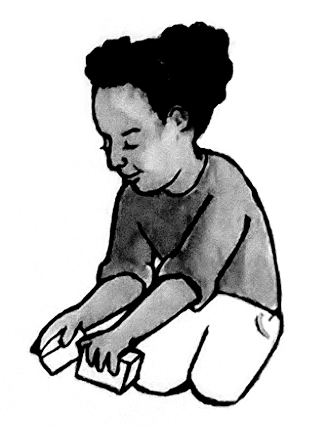 Illustration of a young black girl playing with blocks.
