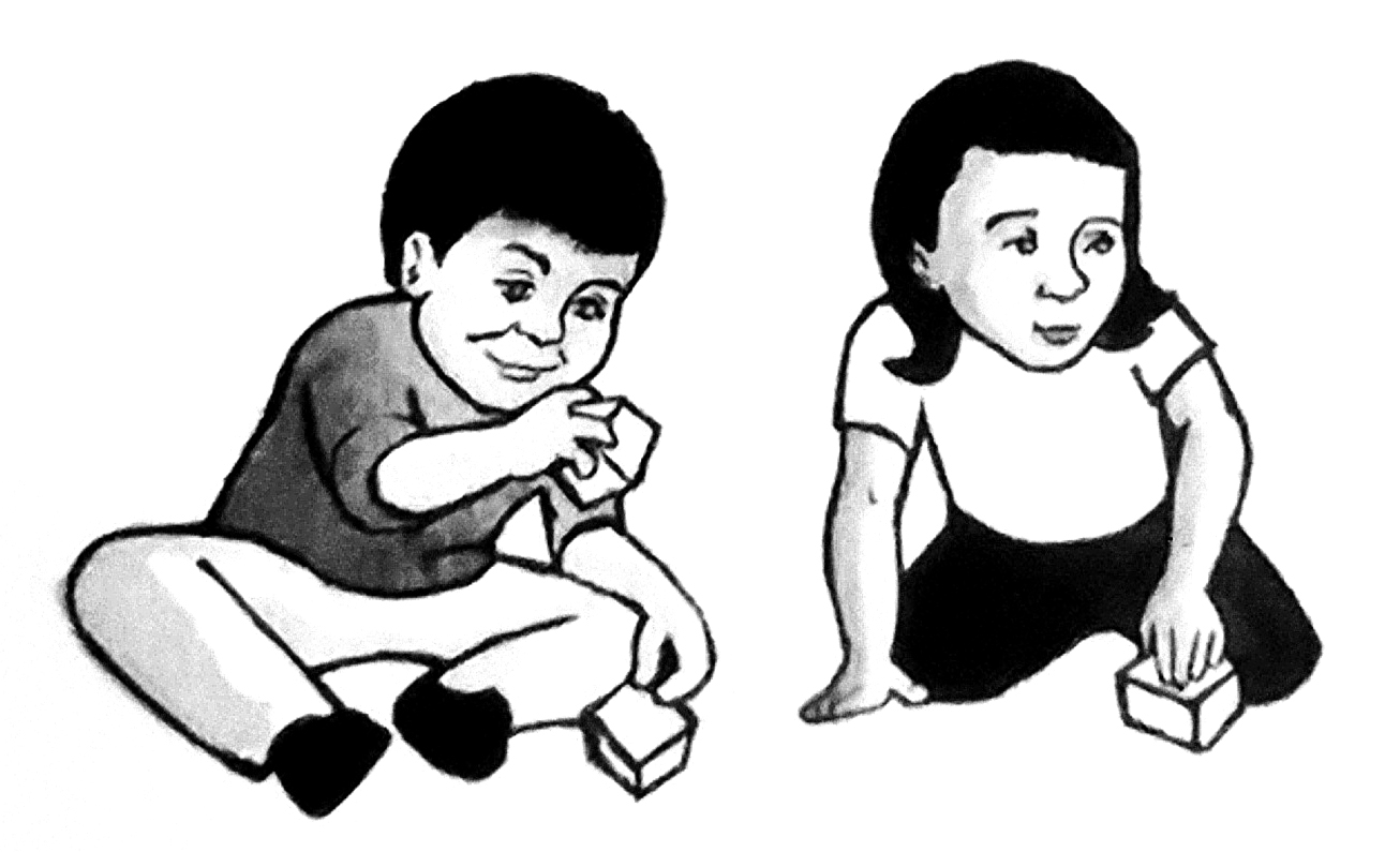Illustration of two young white children playing with blocks.