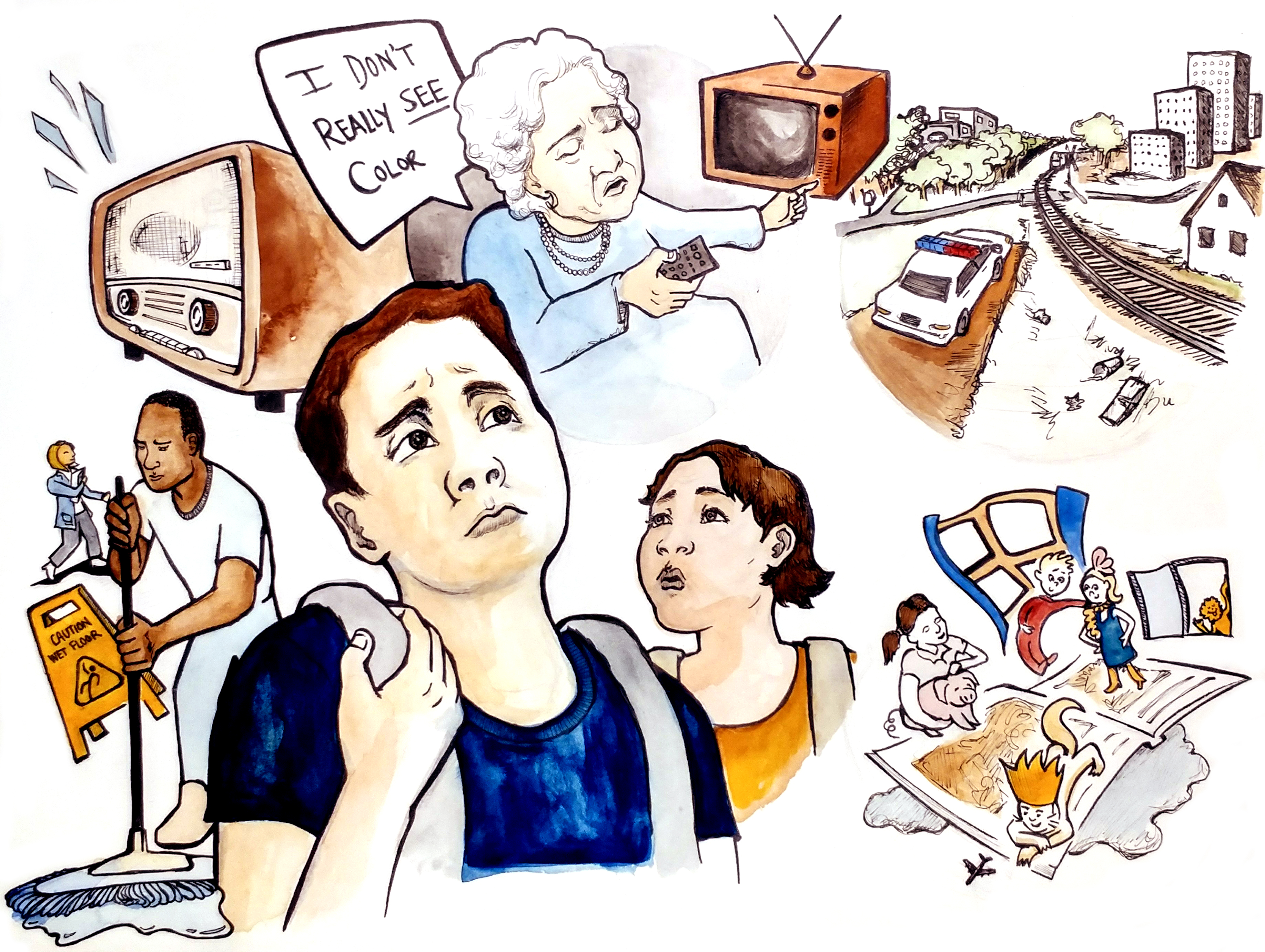 Illustration of two white children surrounded by scenes of race-based discrimination from everyday life. They see a book with all-white characters, a cop car parked by railroad tracks in a segregated city, a grandmother who says "I don't really see color", and a black man working as a janitor as a white professional woman walks by.