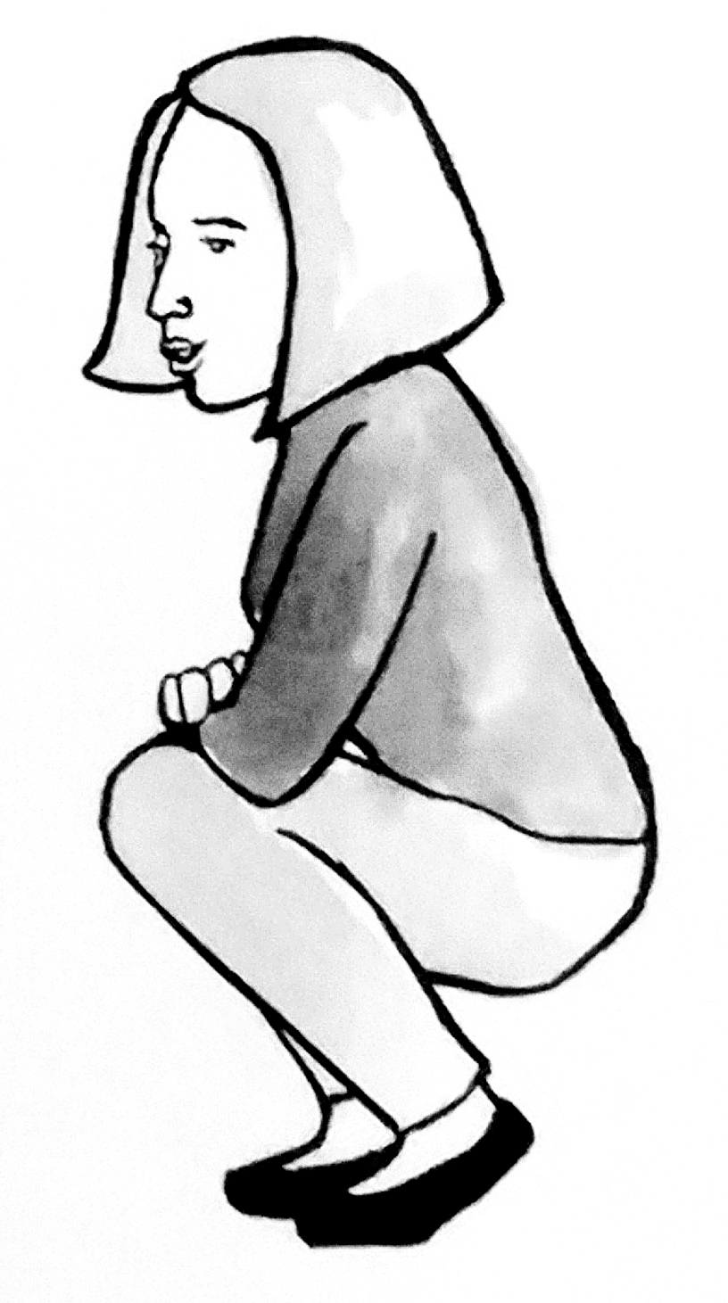 Illustration of a white teacher crouching down to speak with her students.