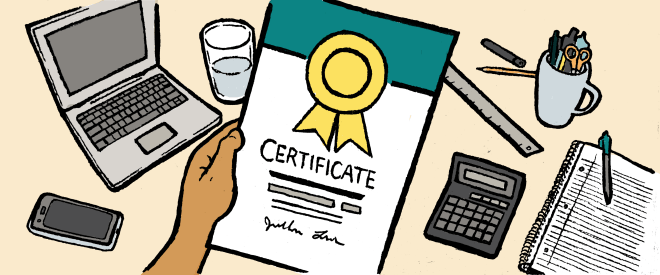 Illustration of a person holding a professional certificate above their desk. A laptop, cell phone, calculator, notebook, and glass of water are visible.