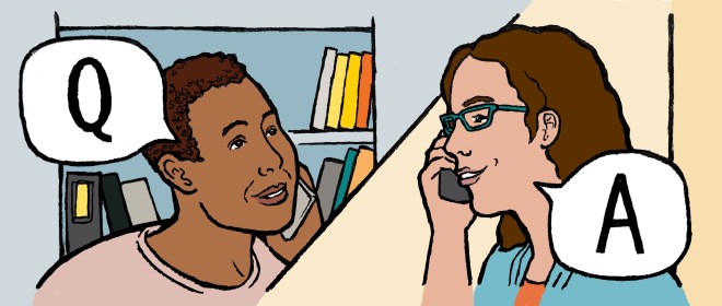 Illustration of a white woman talking to a black man over the phone. The backgrounds are split via a diagonal line across the middle. One speech bubble reads "Q" and the other reads "A".