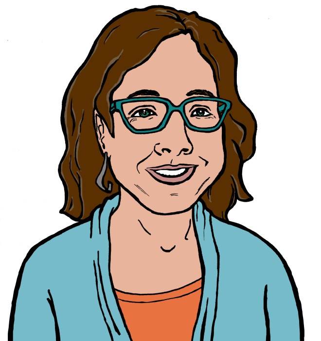 Illustration of a white woman with wavy brown hair, wearing teal glasses, an orange blouse and blue sweater.