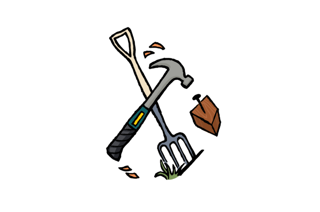 Illustration of a hammer hitting a nail, and garden fork entering the earth.