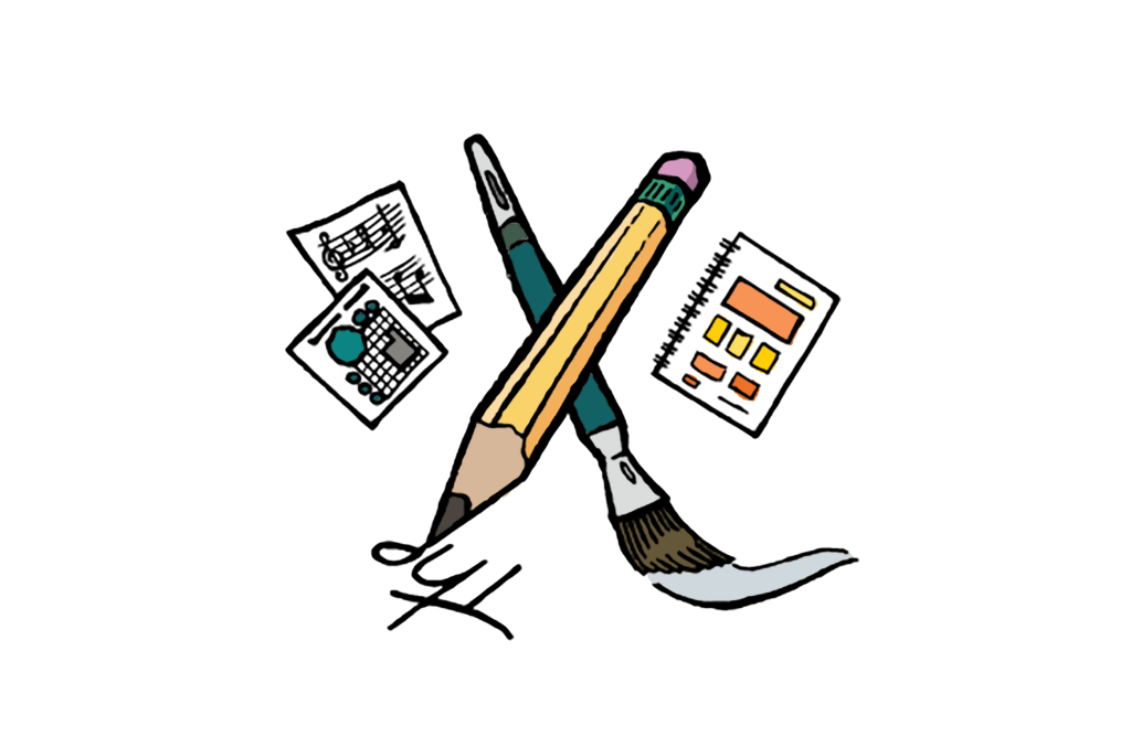 Illustration of a pencil and paintbrush positioned across one another. A sketchbook, music sheet, and landscape blueprint drawing are visible around them.