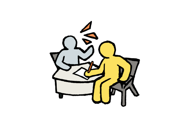 Illustration of two stick figures meeting across from one another at a desk. One is blue and the other is yellow.