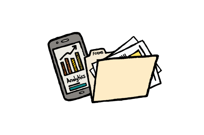 Illustration of a cell phone beside an open folder overflowing with forms. The phone shows an analytics program on the screen, with a bar graph and trend line visible.