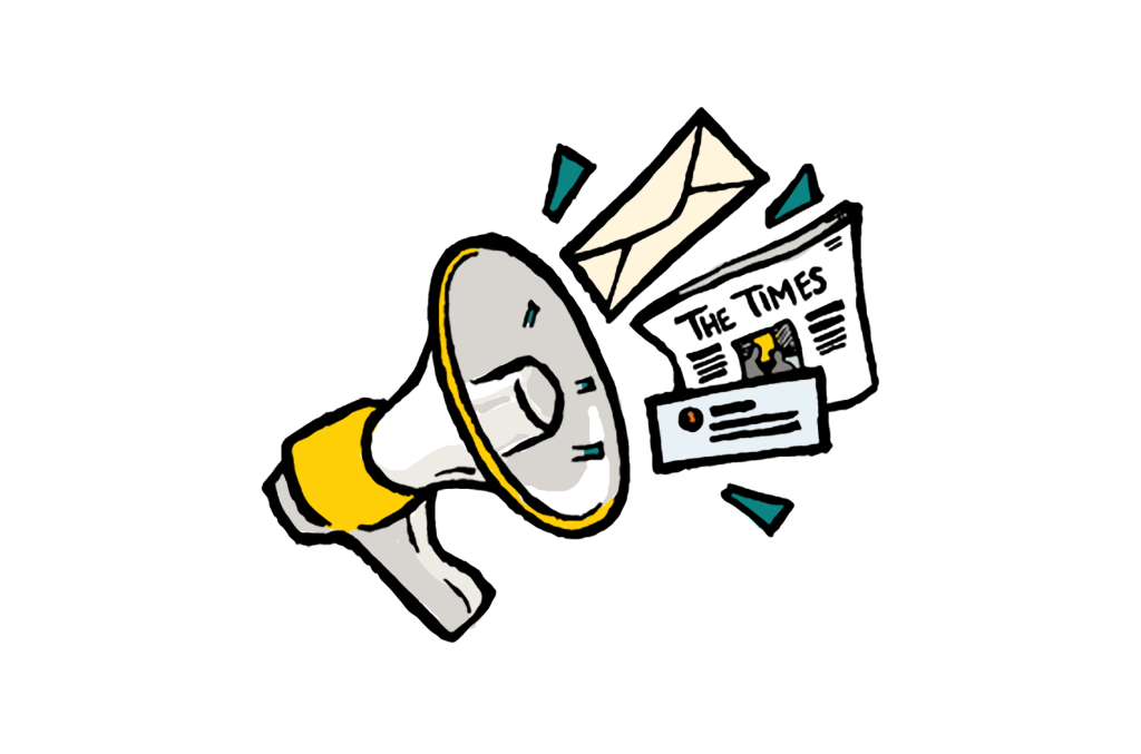 Illustration of a megaphone with print and digital media flying out in front of it. A tweet, envelope, and newspaper are shown.