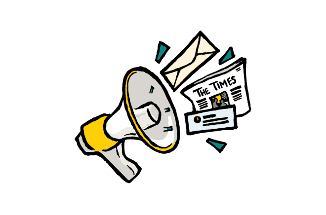 Illustration of a megaphone with print and digital media flying out in front of it. A tweet, envelope, and newspaper are shown.