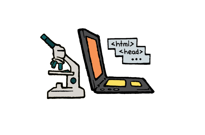 Illustration of a microscope beside an open laptop with html coding language visible above it.
