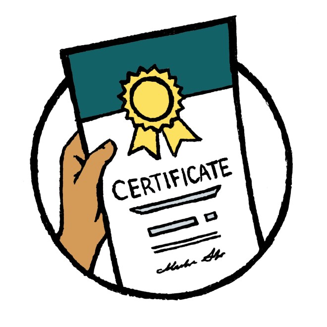 Circular illustration showing a brown-skinned hand holding a professional certificate.