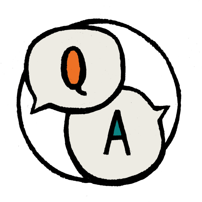 Circular illustration of two speech bubbles overlapping. One reads "Q" and the other "A".