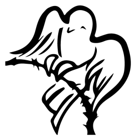 Ink drawing of a dove flying with a piece of barbed wire in its grasp.