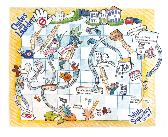 Chutes and Ladders - White Supremacy Edition. Illustration in colored pencil.