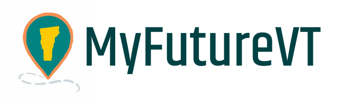 Logo for MyFutureVT. Icon shows a location drop pin with a dashed line leading to it. The state of Vermont is shown in the pin.
