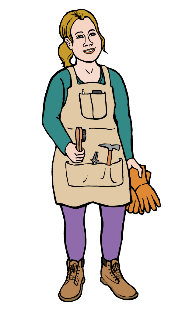 Full figure character illustration of a young white woman in a work apron. She is holding welding tools and gloves.