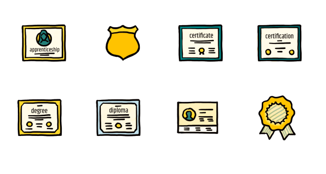 8 Illustrated icons representing different professional credentials, including degree, diploma, apprenticeship, and certificate.