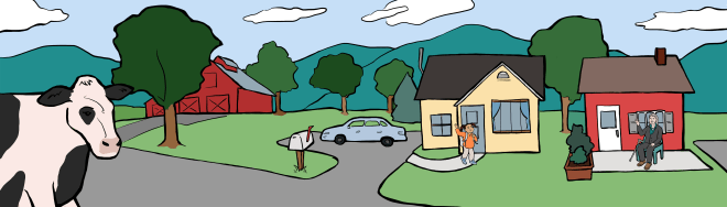 Panorama illustration of a rural Vermont road, with two neighboring houses and a barn in view. A young black schoolgirl emerges from one house, and waves to her older white neighbor. There is a cow in the foreground.