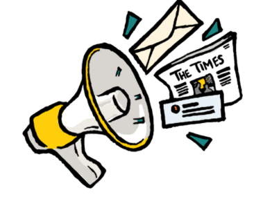 Illustration of a megaphone with print and digital media flying out in front of it. A tweet, envelope, and newspaper are shown.