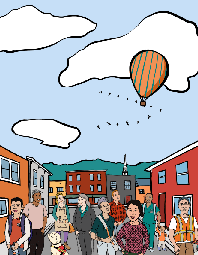 Illustrated street scene showing a diverse group of 10 Vermonters standing in a Vermont city downtown. A hot air balloon floats above.