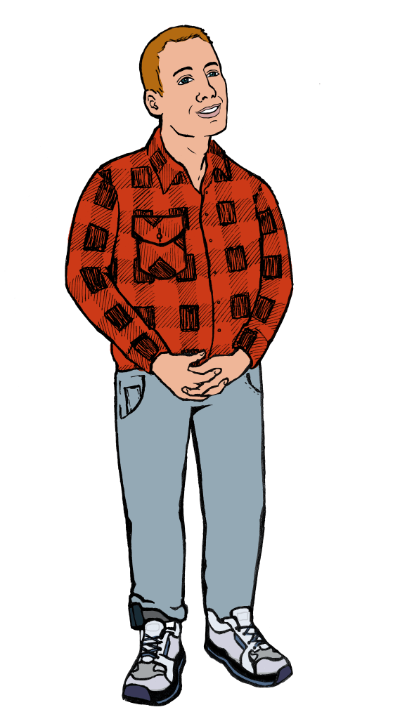 Full figure character illustration of a young red-haired white man wearing a red flannel shirt, jeans, and an ankle bracelet.
