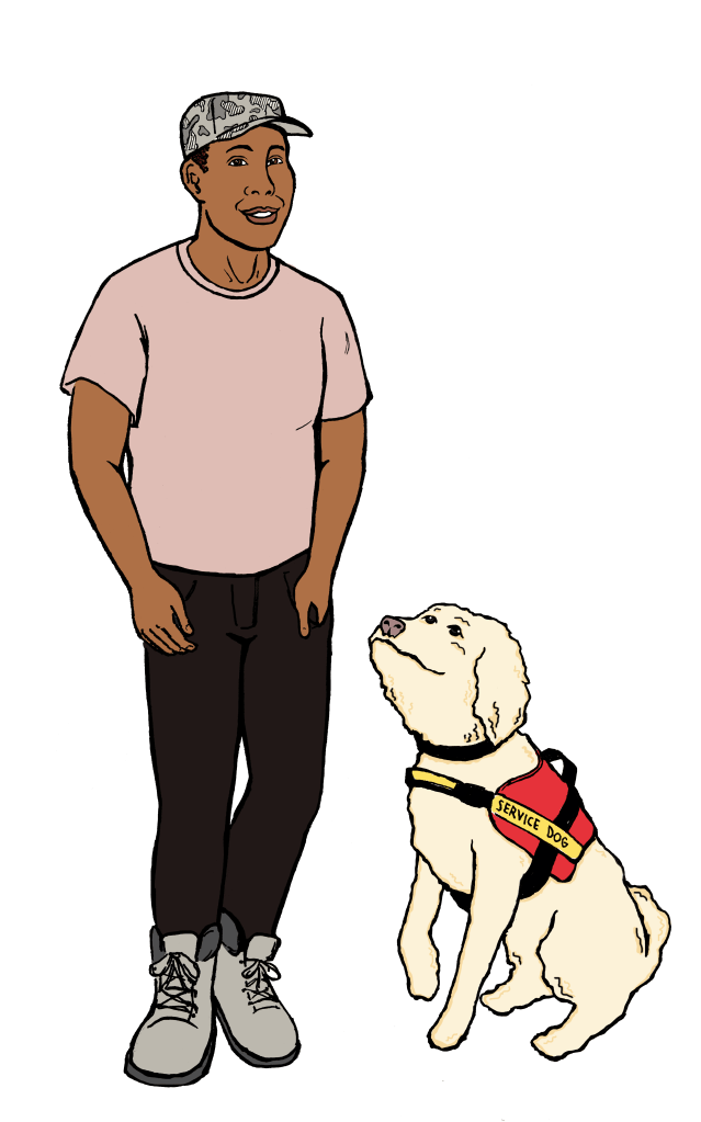 Full figure character illustration of a young Black man wearing a camo hat, pink shirt and dark pants. He stands beside a service dog.