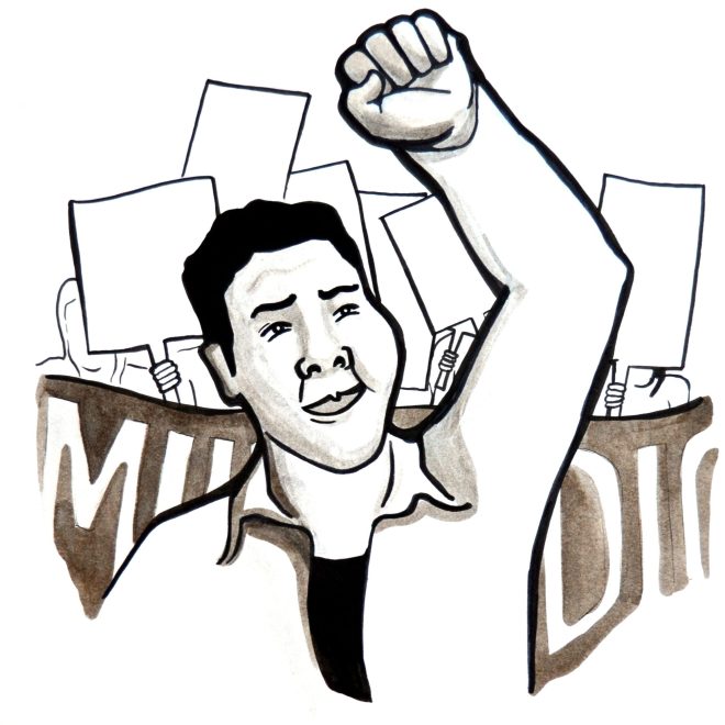 Cartoon cover illustration, showing a migrant activist smiling with fist raised. He is marching in front of a group of Milk with Dignity activists carrying a banner and signs.