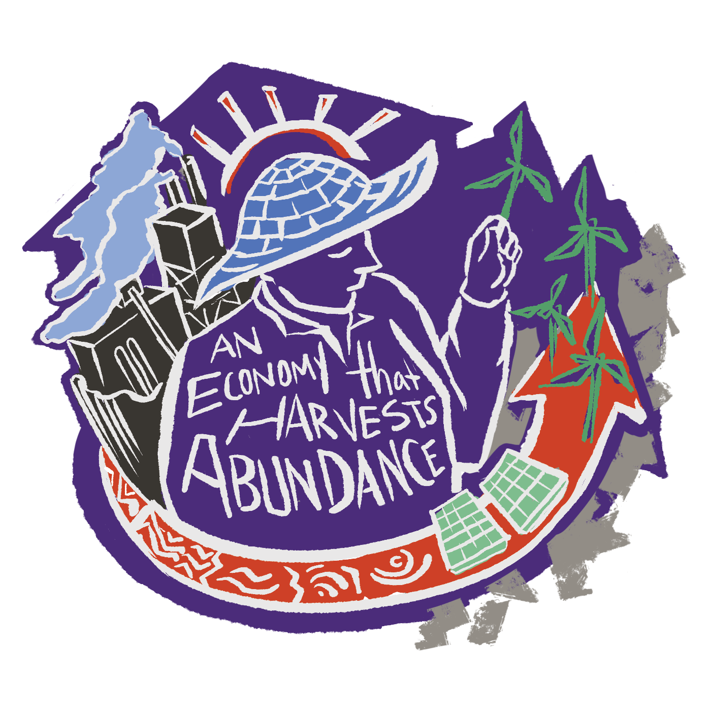 Purple illustration of a person planting wind turbines in the ground. Reads: “An economy that harvests abundance.” The sun shines on in the background, creating a halo around their head, as fossil fuel projects fade into the background. An arrow rises up and surrounds the main figure, showing the growth of solar and wind power.